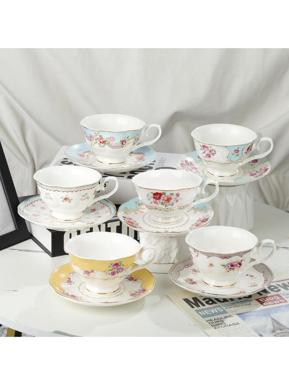 Colorful Floral Porcelain Coffee Cups & Saucers Set for 6 - Elegant Tea Party - Picture 5 of 6